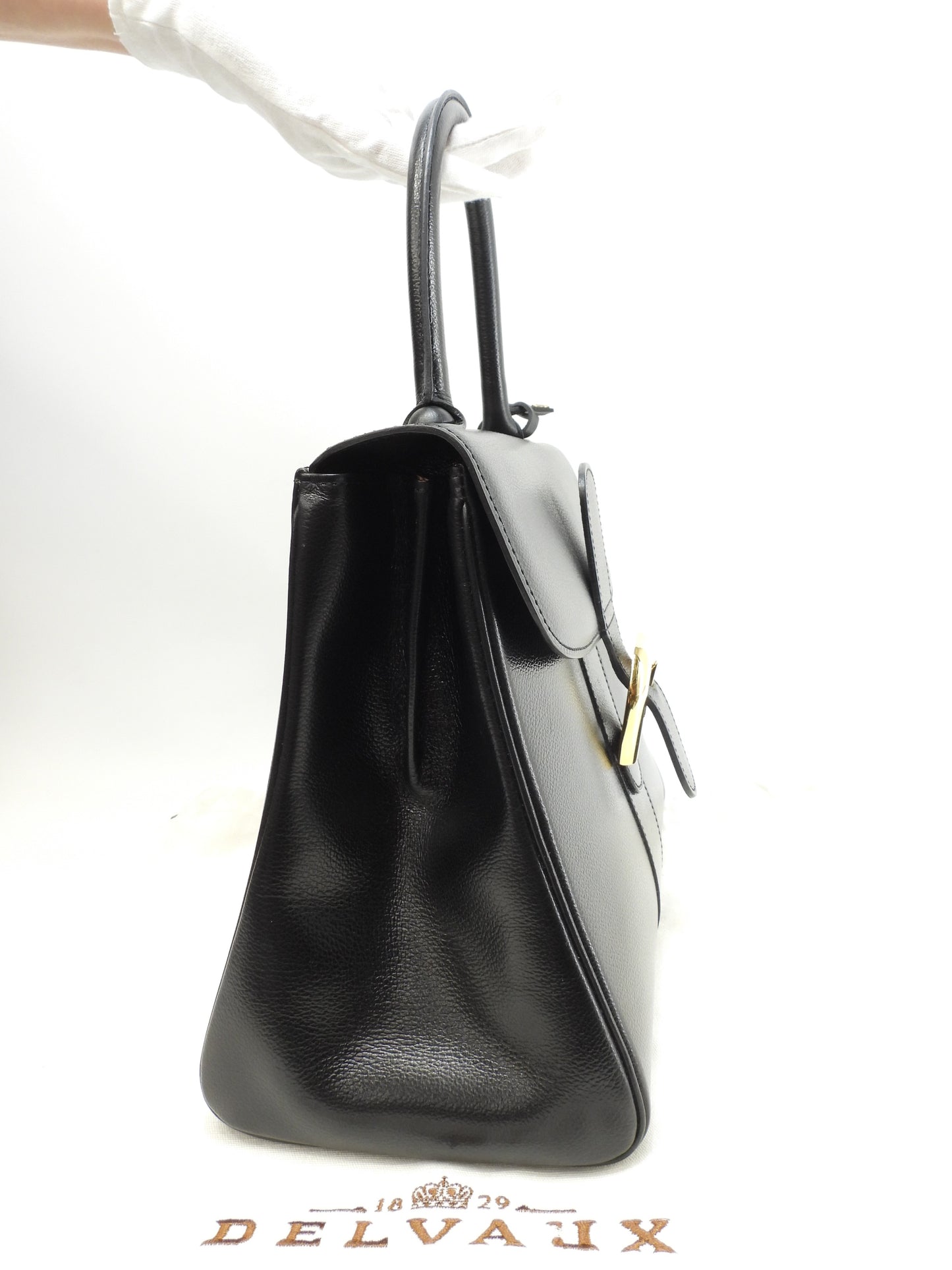 デルボー ブリヨンMM 型押レザー黒 ゴールド金具 ハンドバッグ ケリー型 美品@ 2