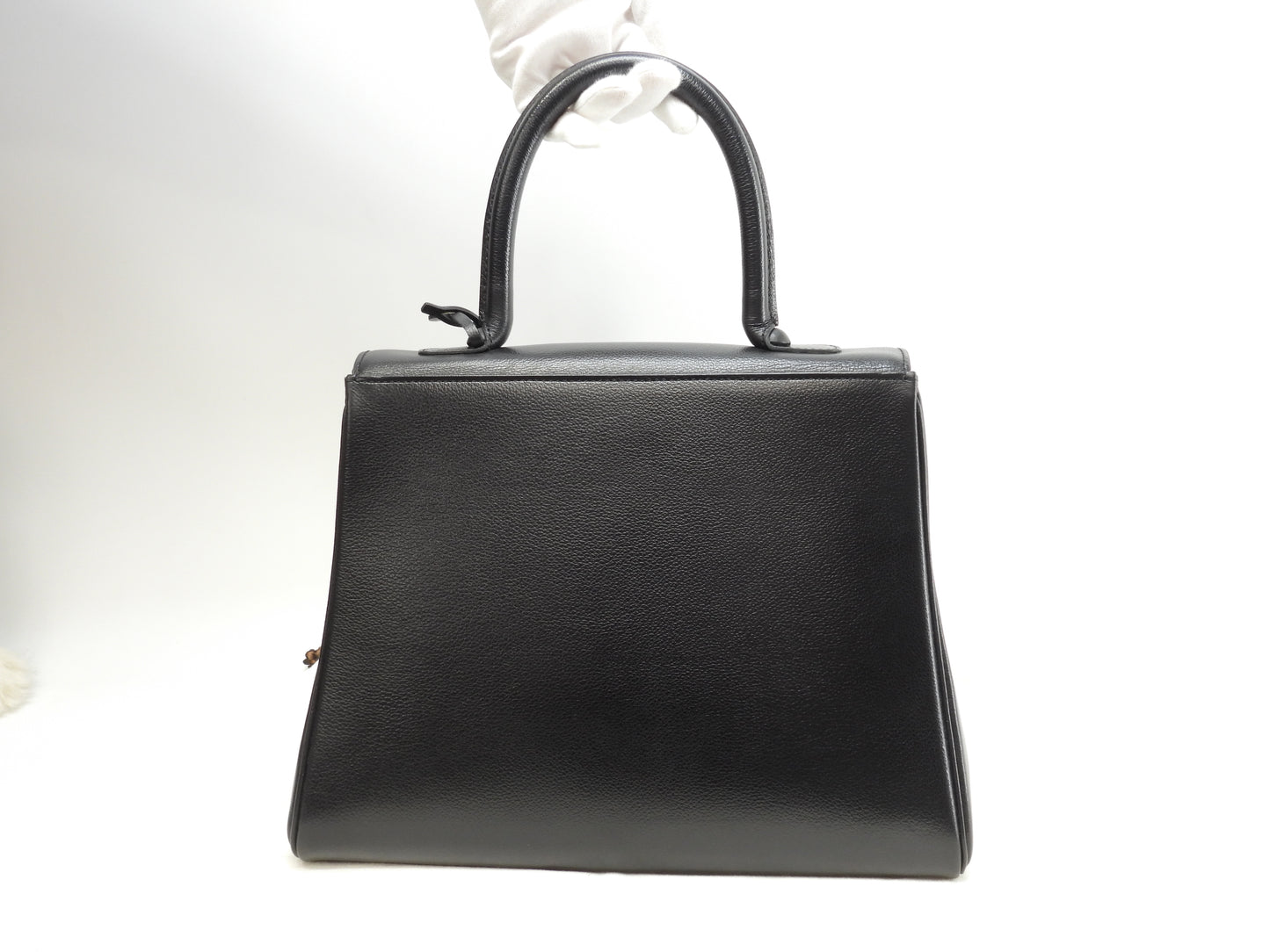 デルボー ブリヨンMM 型押レザー黒 ゴールド金具 ハンドバッグ ケリー型 美品@ 2
