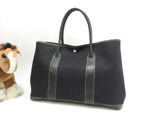 エルメス ガーデンパーティPM コットン/レザー 黒 トートバッグ ハンドバッグ@□G 8