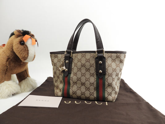 Gucci Tote Bag Small GG Web Denim Brown/Leather Brown Mini Handbag Good Condition @ 6