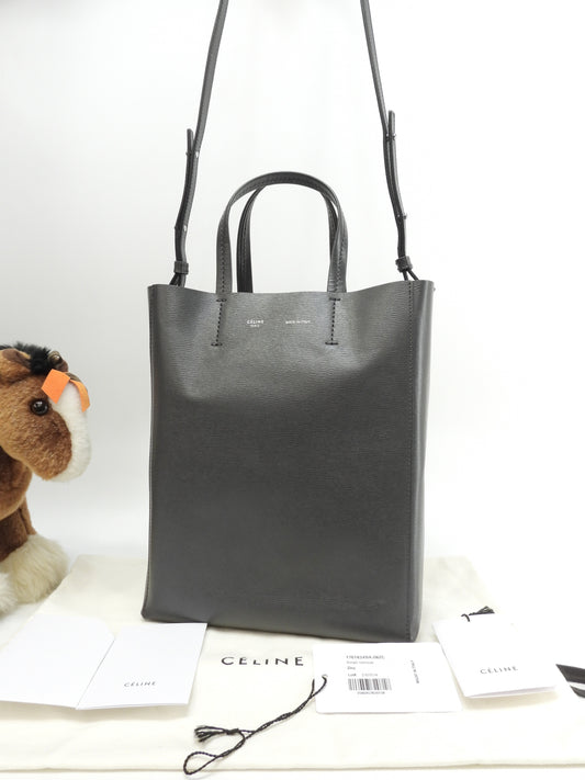 セリーヌ カバスモール ヴェルティカル レザー濃灰 s付ハンドバッグ ポシェット@S-CU-4187
