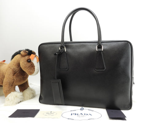 プラダ ブリーフケース サフィアーノ 黒 まち広書類カバン ドキュメントケース VS0088 美品@27113