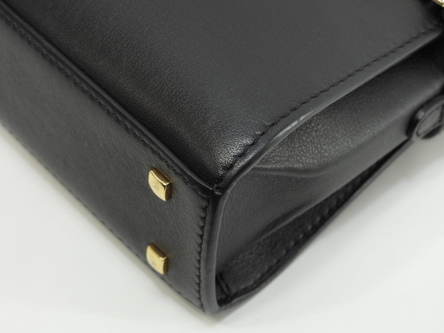 デルボー タンペートスモール シルキーカーフレザー 黒 s付ミニハンドバッグ ケリー型 極美品@G01H