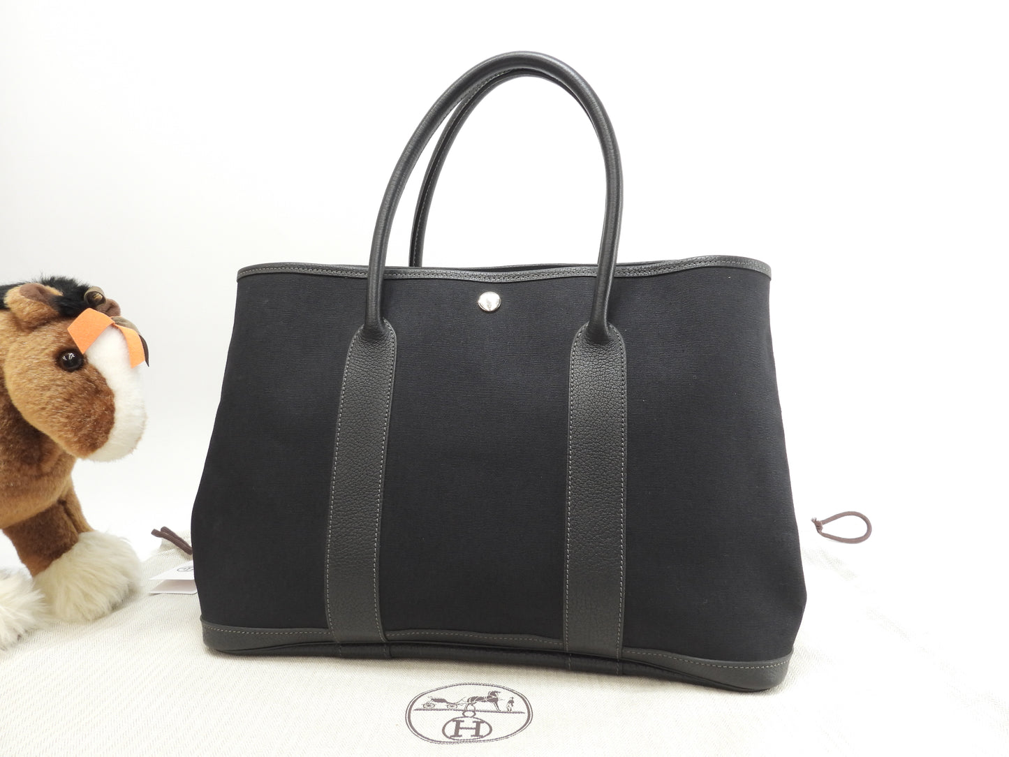 エルメス ガーデンパーティPM コットン/レザー 黒 トートバッグ ハンドバッグ 美品@□I 10