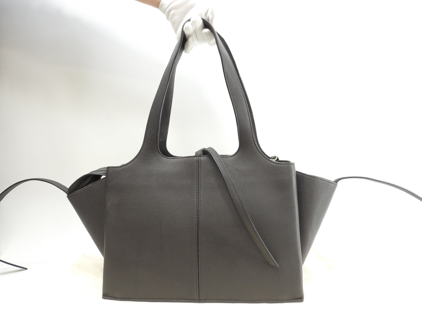 セリーヌ トリフォルド 型押レザー 濃灰 シルバー金具 トートバッグ ハンドバッグ@S-LA-3196