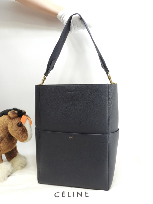 セリーヌ サングルバケット 型押レザー 紺 セミショルダー ホーボーバッグ 美品@S-GA-3196