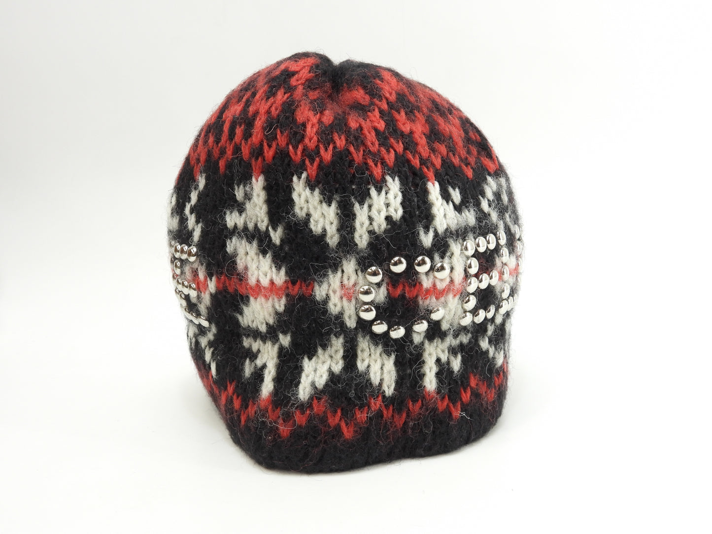 セリーヌ ニットキャップ ウール100% 黒赤白 ヘッドウォーマー ニット帽 ロゴスタッズ@ 8