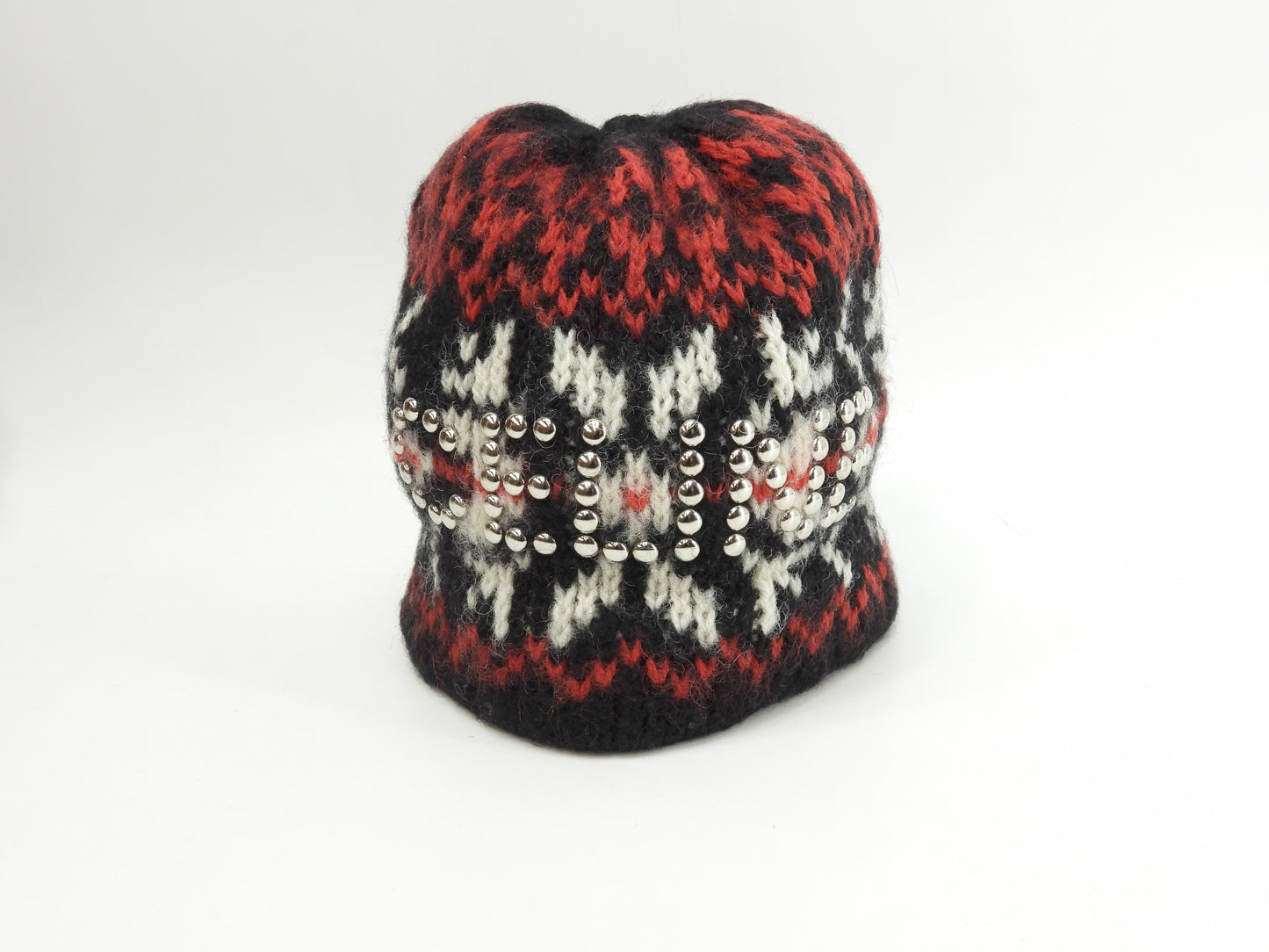 セリーヌ ニットキャップ ウール100% 黒赤白 ヘッドウォーマー ニット帽 ロゴスタッズ@ 8