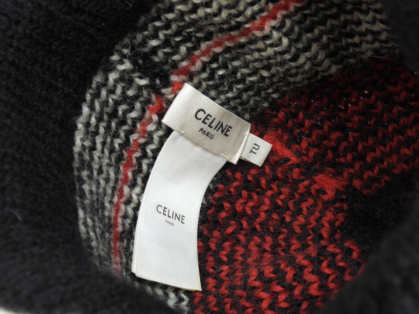 セリーヌ ニットキャップ ウール100% 黒赤白 ヘッドウォーマー ニット帽 ロゴスタッズ@ 8