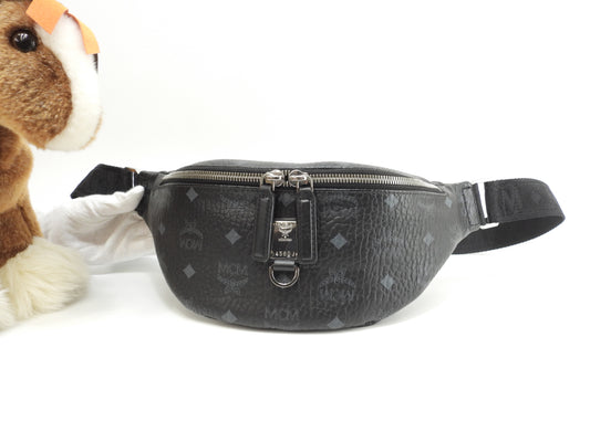 MCM ベルトバッグ PVC革 シグネチャ黒 クロスボディバッグ バムバッグ 美品@ 2