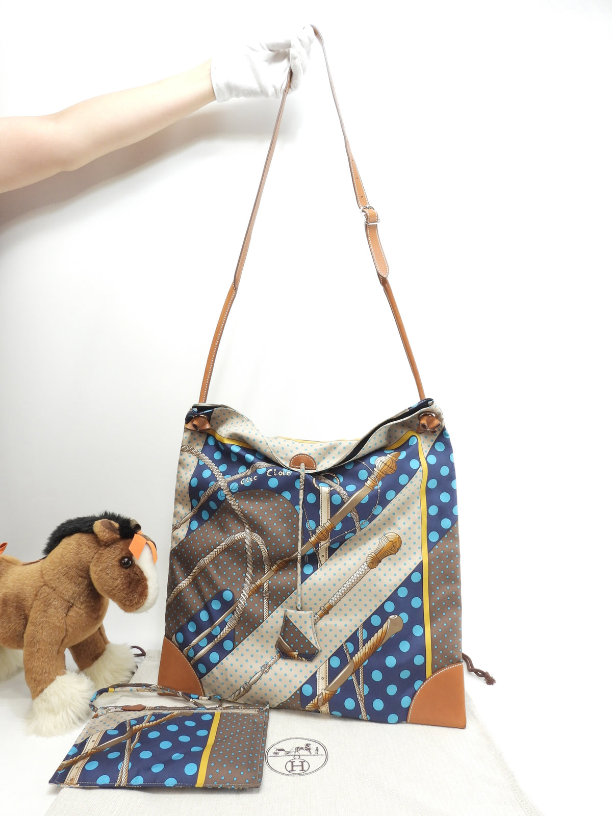 エルメス シルキーシティGM シルク灰系レザー茶 鞭 ショルダーバッグ 美品@□P