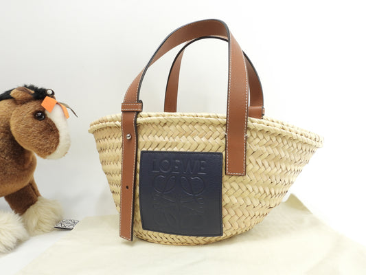 ロエベ バスケットスモール カゴバッグ ナチュラル茶紺 ハンドバッグ 未使用@262118