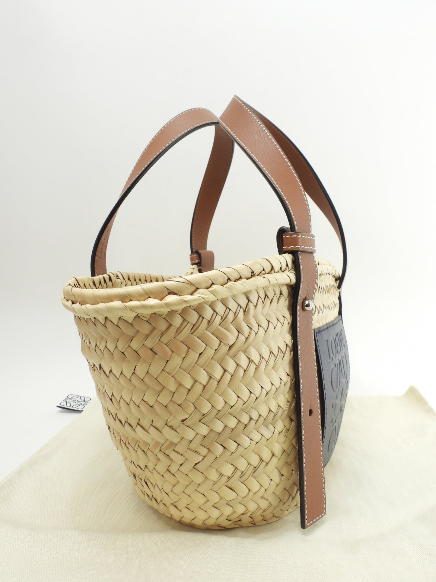 ロエベ バスケットスモール カゴバッグ ナチュラル茶紺 ハンドバッグ 未使用@262118
