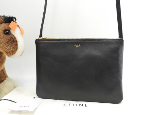 セリーヌ トリオラージ スムースレザー黒 クロスボディバッグ 斜掛ショルダー ポシェット@S-GA-5118