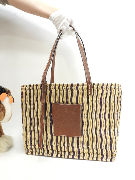 ロエベ スクエアトート中 パウラズイビザ ナチュラル/タン紫 カゴバッグ ショルダー@652011