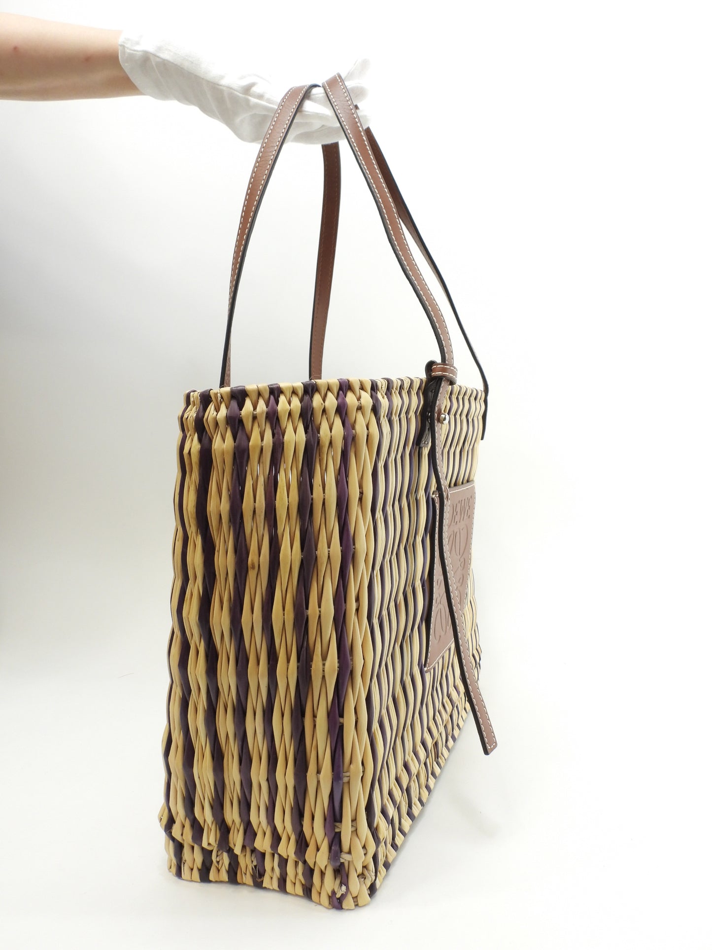 ロエベ スクエアトート中 パウラズイビザ ナチュラル/タン紫 カゴバッグ ショルダー@652011