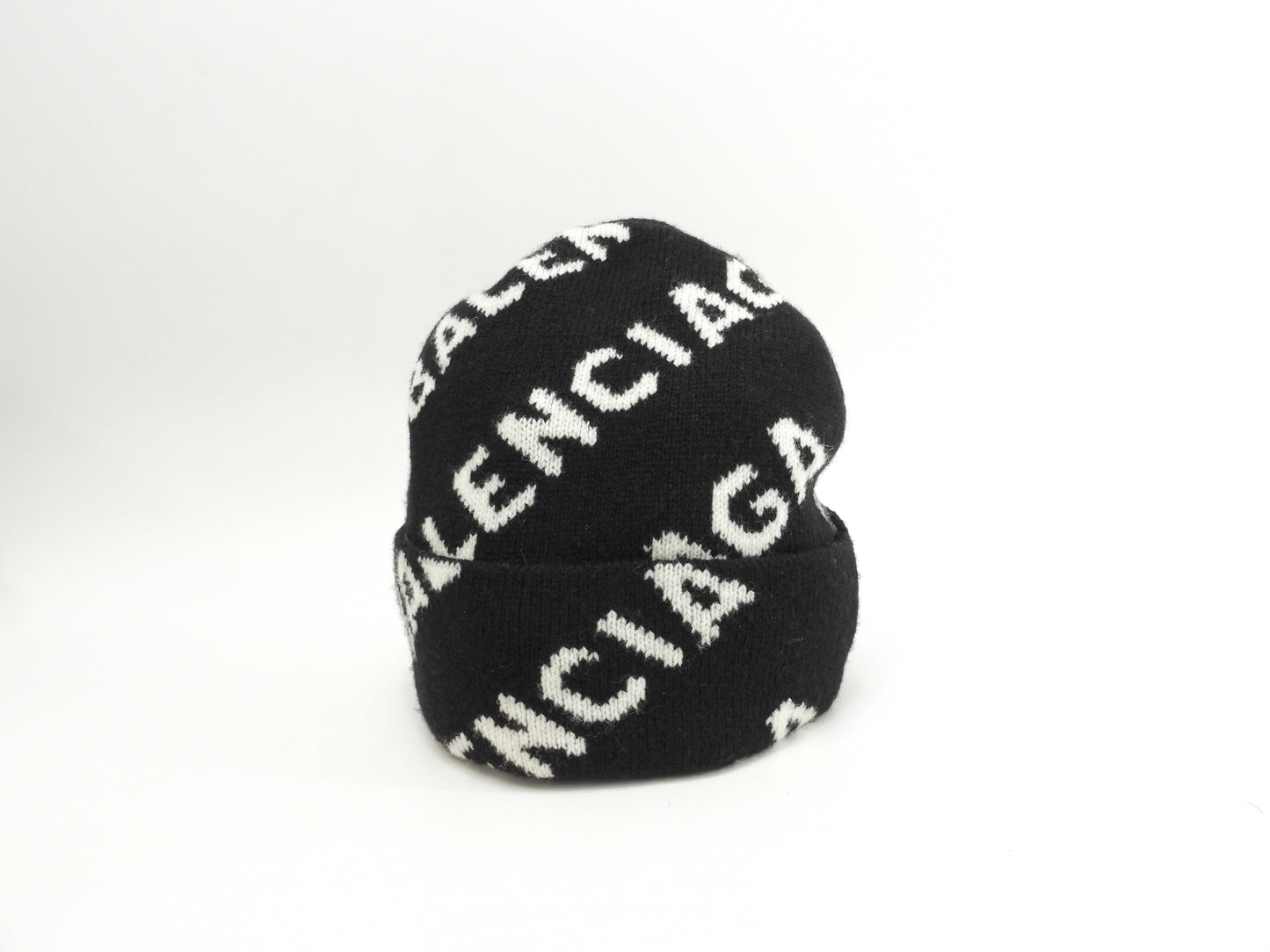 バレンシアガ ニットキャップ 白ロゴ ウール98%黒 ヘッドウォーマー ニット帽 未使用@ 1