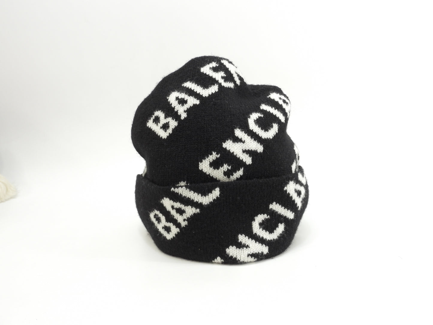 バレンシアガ ニットキャップ 白ロゴ ウール98%黒 ヘッドウォーマー ニット帽 未使用@ 1