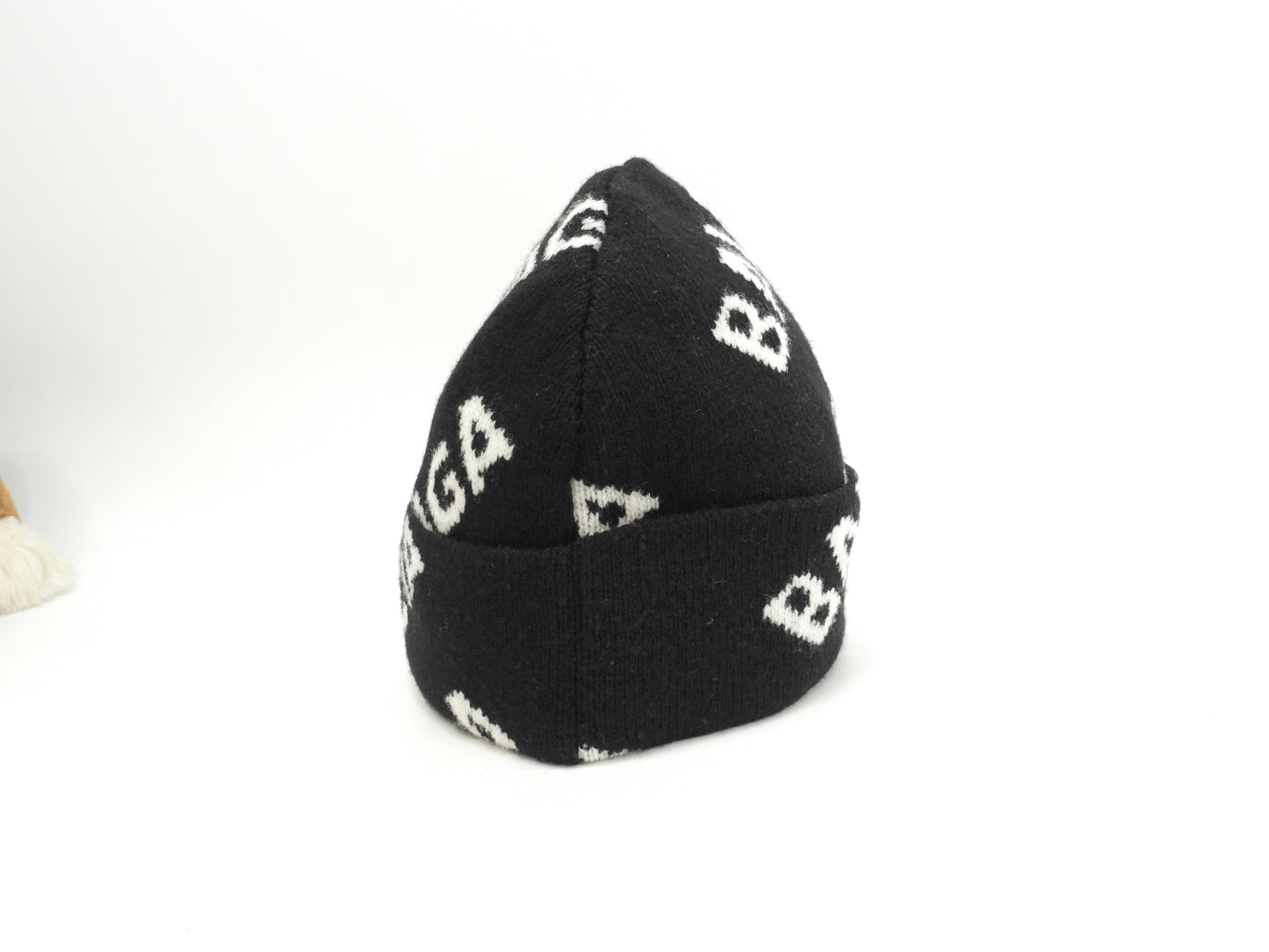 バレンシアガ ニットキャップ 白ロゴ ウール98%黒 ヘッドウォーマー ニット帽 未使用@ 1