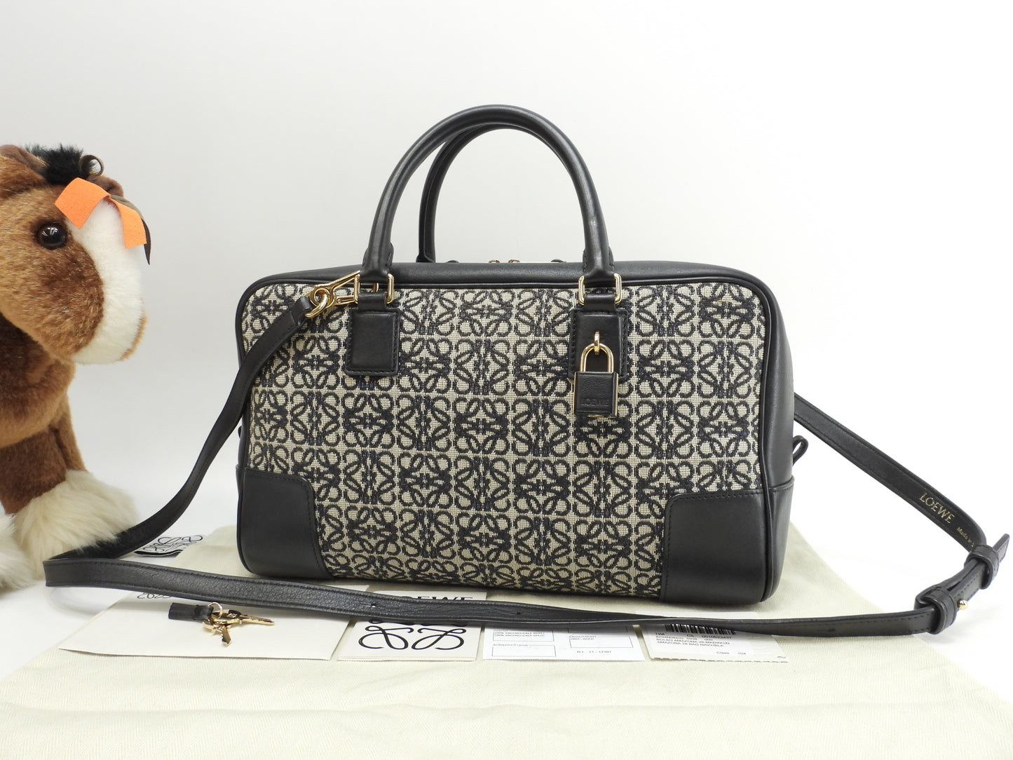 ロエベ アマソナ23 ジャガード/レザー 紺灰 ポシェット s付ハンドバッグ@262147 2