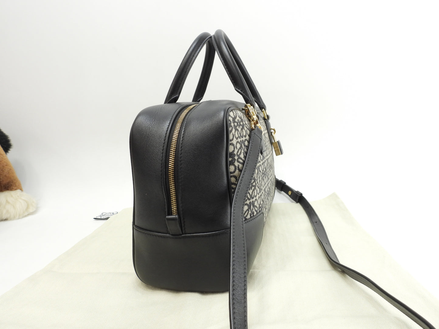 ロエベ アマソナ23 ジャガード/レザー 紺灰 ポシェット s付ハンドバッグ@262147 2