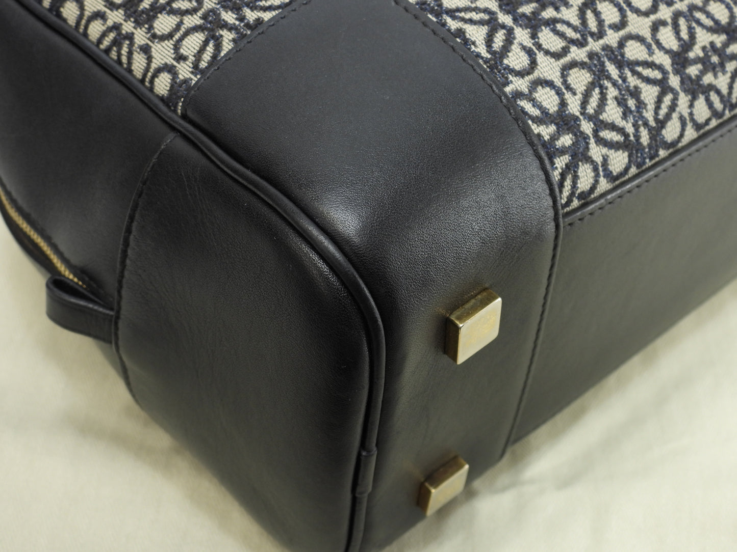 ロエベ アマソナ23 ジャガード/レザー 紺灰 ポシェット s付ハンドバッグ@262147 2