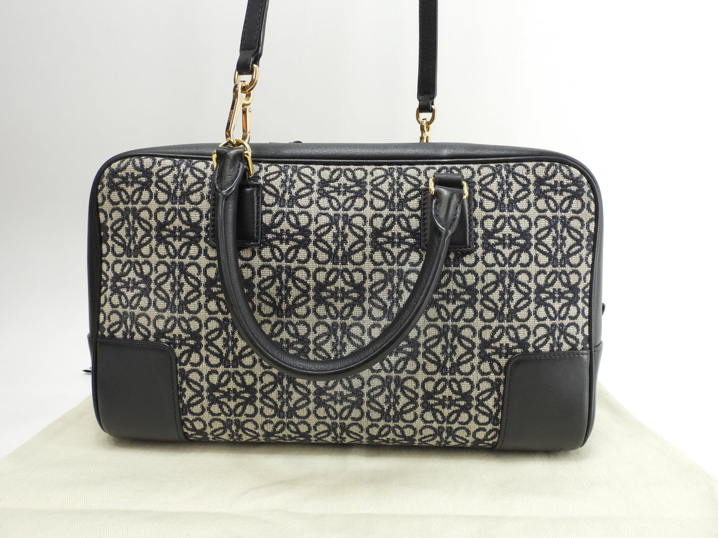 ロエベ アマソナ23 ジャガード/レザー 紺灰 ポシェット s付ハンドバッグ@262147 2