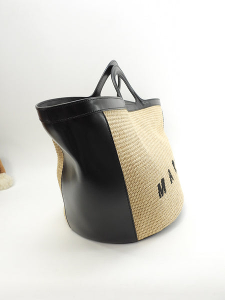 MARNI かごバッグ 黒 ストローとレザー