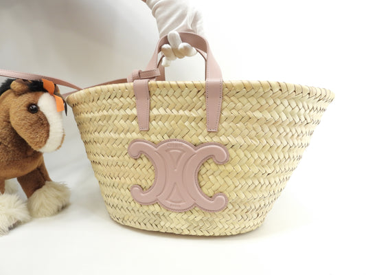 セリーヌ ティーン ラフィア/ナチュラル ピンク革 バスケット カゴバッグ中 ハンド パニエ 極美品@U-AN-0251