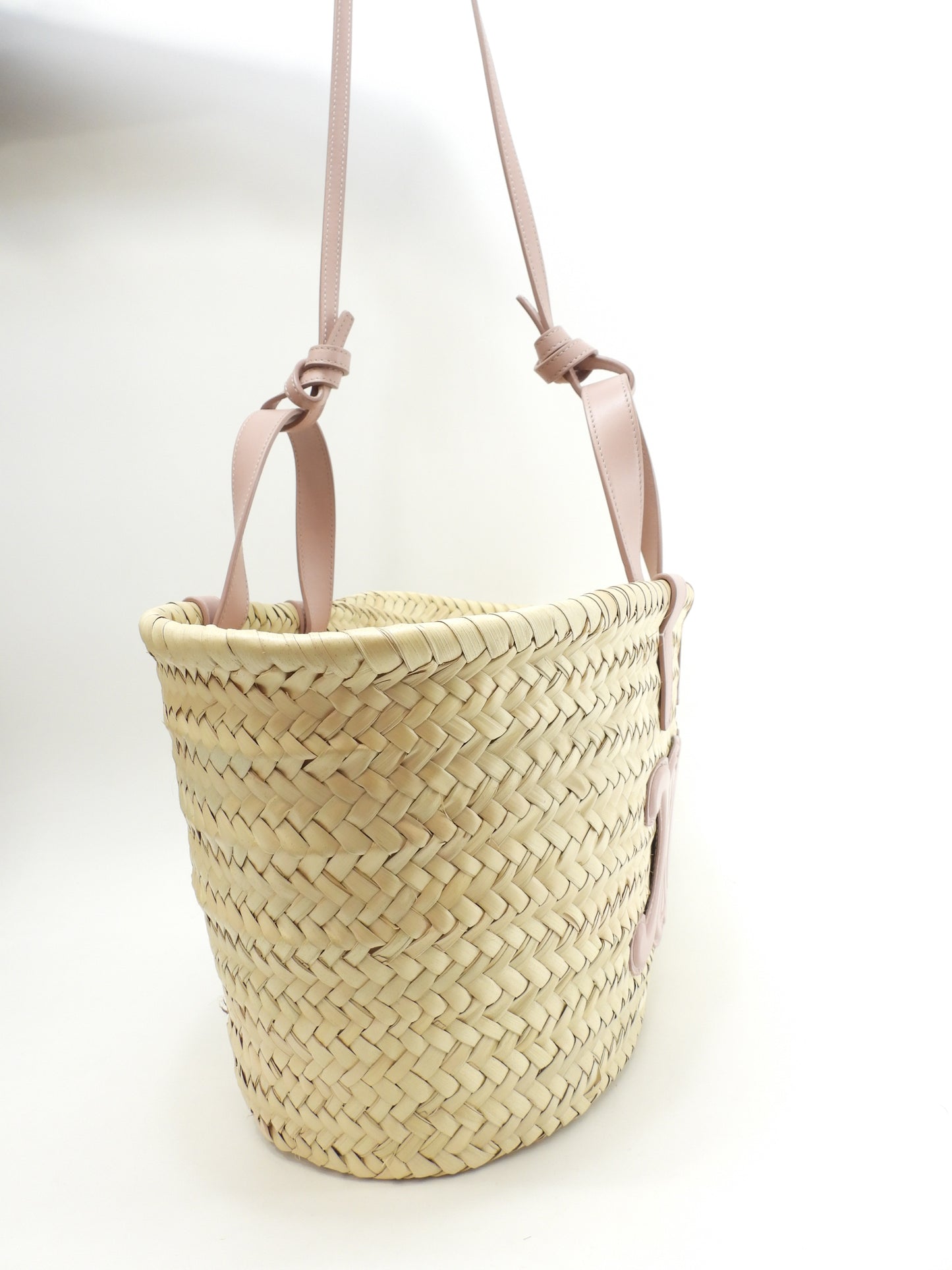 セリーヌ ティーン ラフィア/ナチュラル ピンク革 バスケット カゴバッグ中 ハンド パニエ 極美品@U-AN-0251