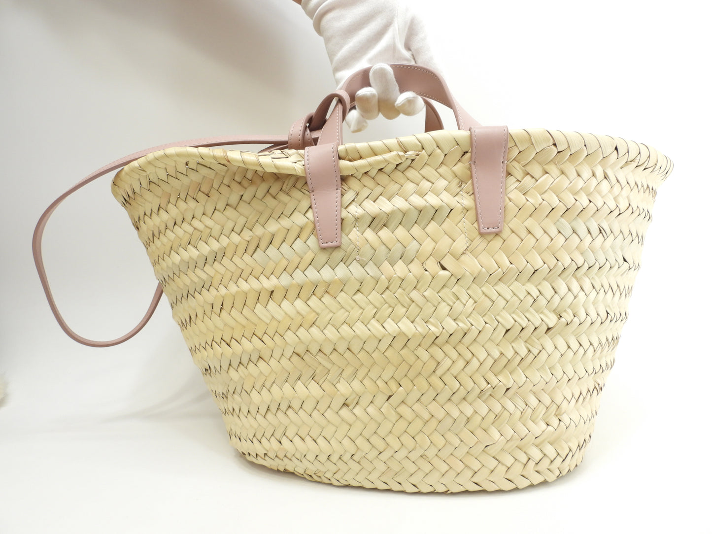 セリーヌ ティーン ラフィア/ナチュラル ピンク革 バスケット カゴバッグ中 ハンド パニエ 極美品@U-AN-0251