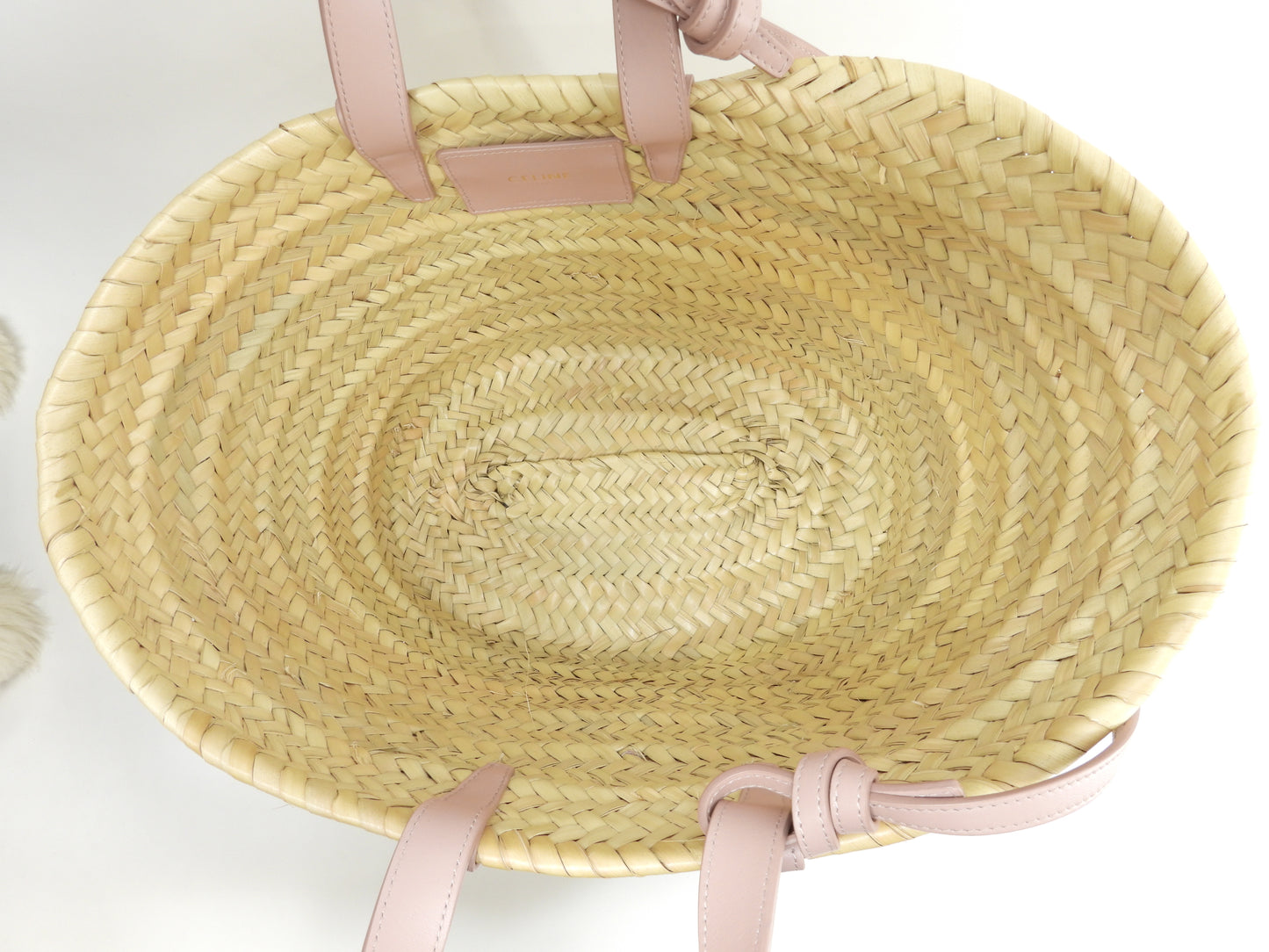 セリーヌ ティーン ラフィア/ナチュラル ピンク革 バスケット カゴバッグ中 ハンド パニエ 極美品@U-AN-0251