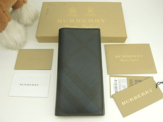 バーバリー 2折長財布 ロンドンチェック PVC黒紺 ロングウォレット メンズ ブラザ@TTVCOP1279