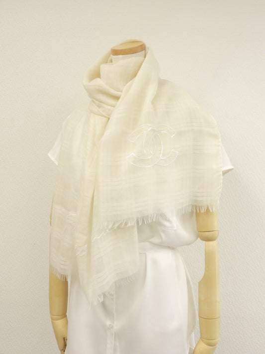 シャネル ストール カシミア/シルク/薄クリーム色 スパンコール/ココマーク 極美品@ 1