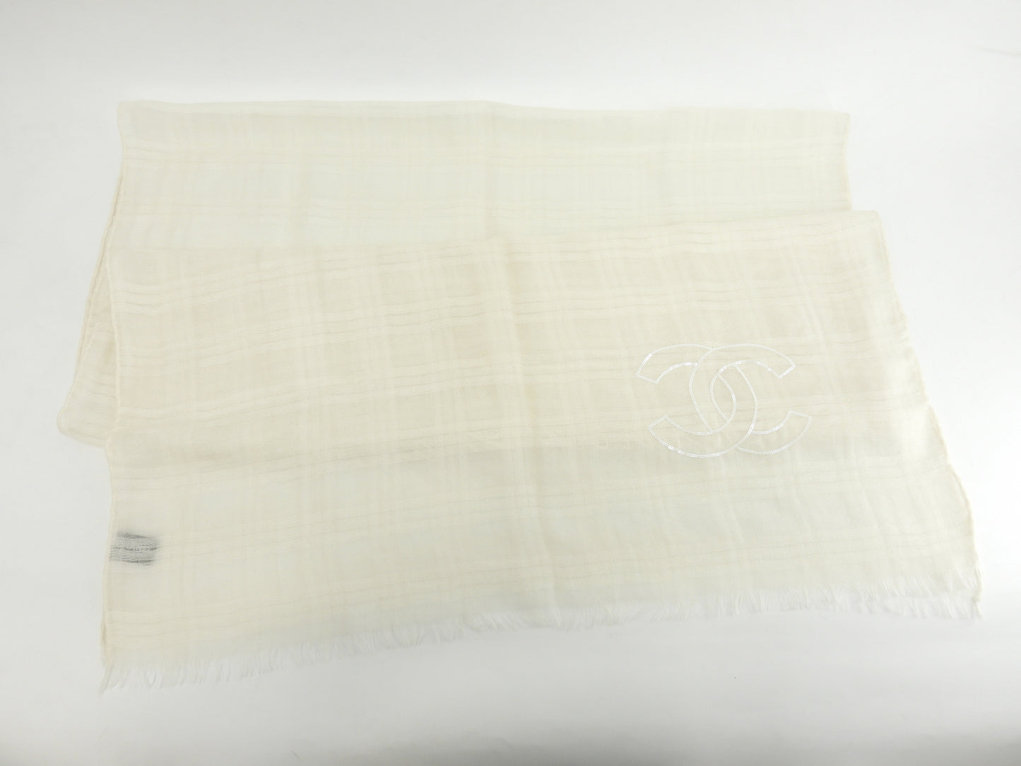 シャネル ストール カシミア/シルク/薄クリーム色 スパンコール/ココマーク 極美品@ 1