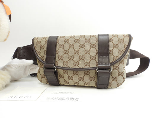 グッチ ボディバッグ GGシュプリーム コットン茶革 ベルトバッグ バムバッグ@ 18