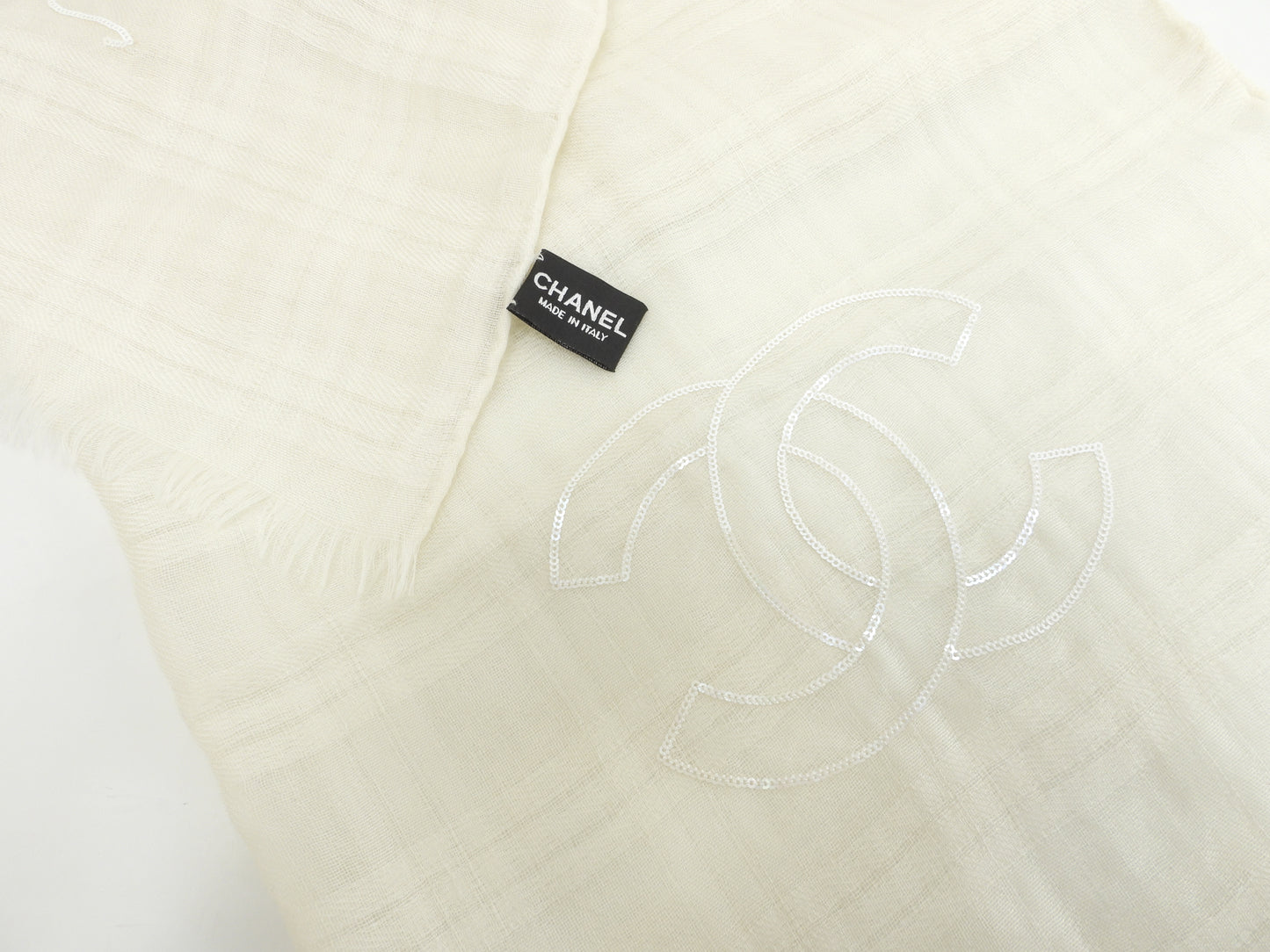 シャネル ストール カシミア/シルク/薄クリーム色 スパンコール/ココマーク 極美品@ 1