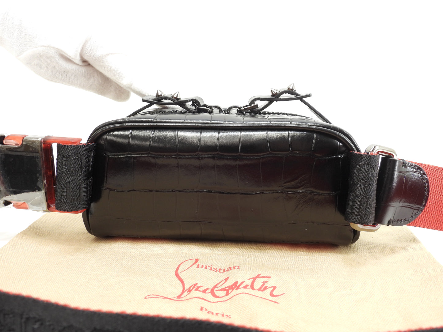 クリスチャンルブタン ボディバッグ小 Blaster クロコ型押レザー黒 ウエストバッグ 未使用@ 12