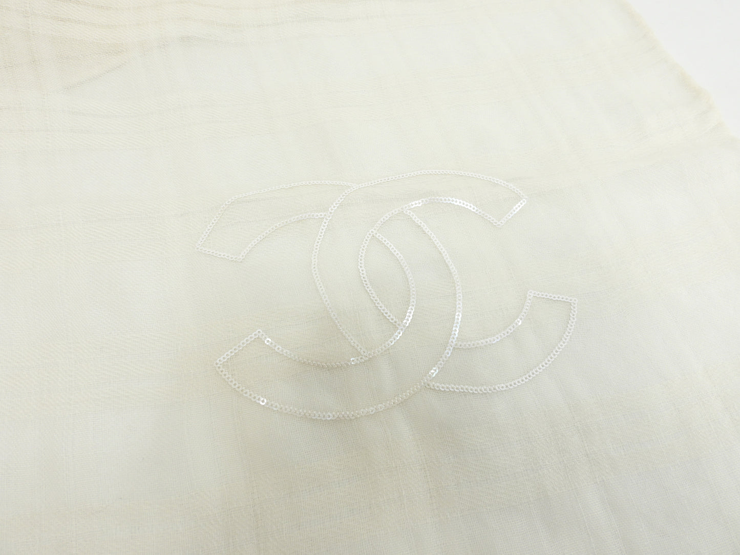 シャネル ストール カシミア/シルク/薄クリーム色 スパンコール/ココマーク 極美品@ 1