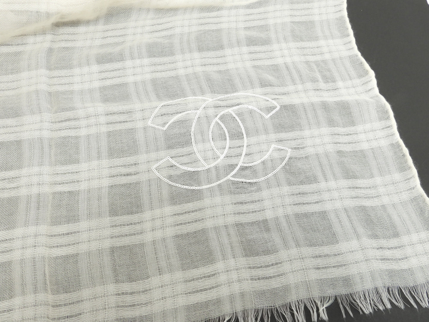 シャネル ストール カシミア/シルク/薄クリーム色 スパンコール/ココマーク 極美品@ 1