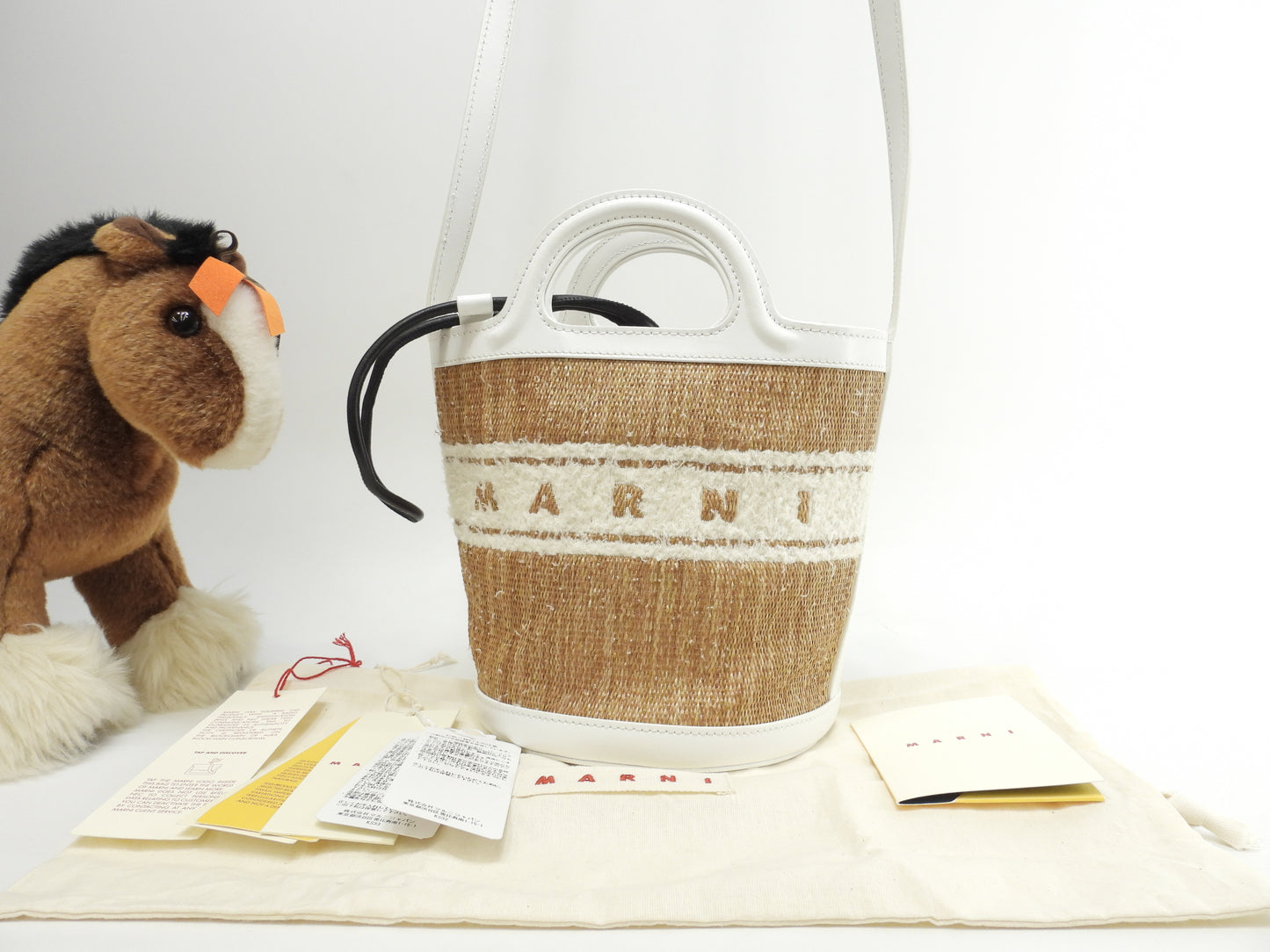 マルニ カゴバッグ トロピカルバスケットスモール ストロー/レザー白 ポシェット 美品@ 1