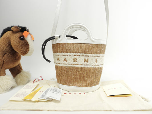 マルニ カゴバッグ トロピカルバスケットスモール ストロー/レザー白 ポシェット 美品@ 1