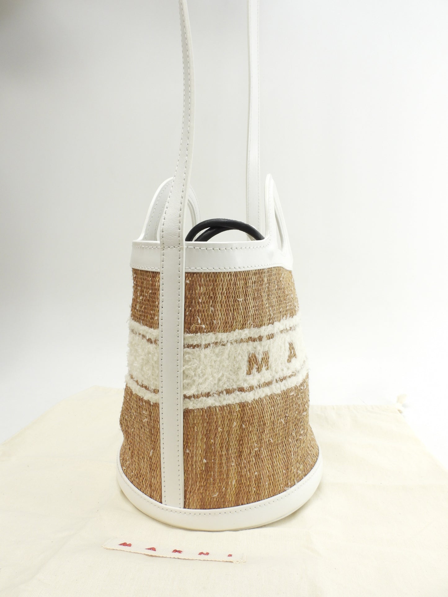 マルニ カゴバッグ トロピカルバスケットスモール ストロー/レザー白 ポシェット 美品@ 1
