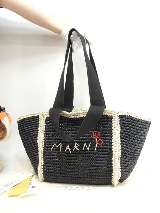 マルニ 2wayトートバッグ カゴバッグ レーヨン黒ベージュ ハンドバッグ 極美品@ 3