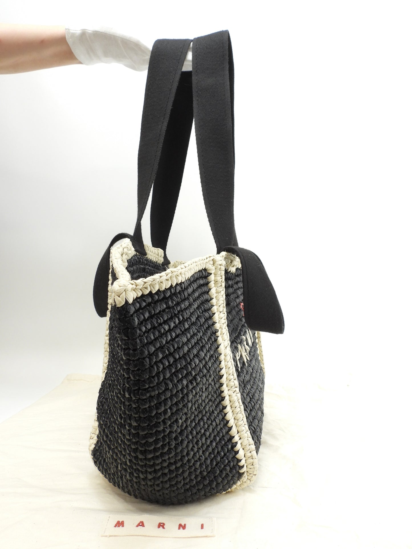 マルニ 2wayトートバッグ カゴバッグ レーヨン黒ベージュ ハンドバッグ 極美品@ 3