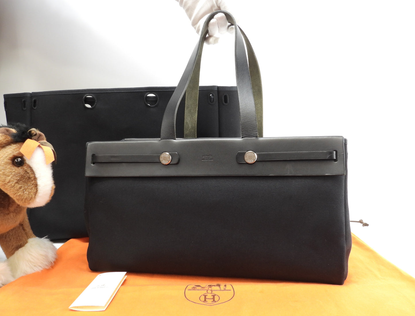 エルメス カバスMM エールバッグ コットン黒/黒革 トートバッグ 美品@□F