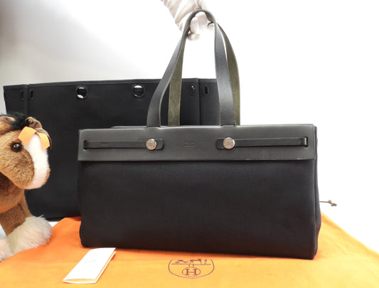 エルメス カバスMM エールバッグ コットン黒/黒革 トートバッグ 美品@□F