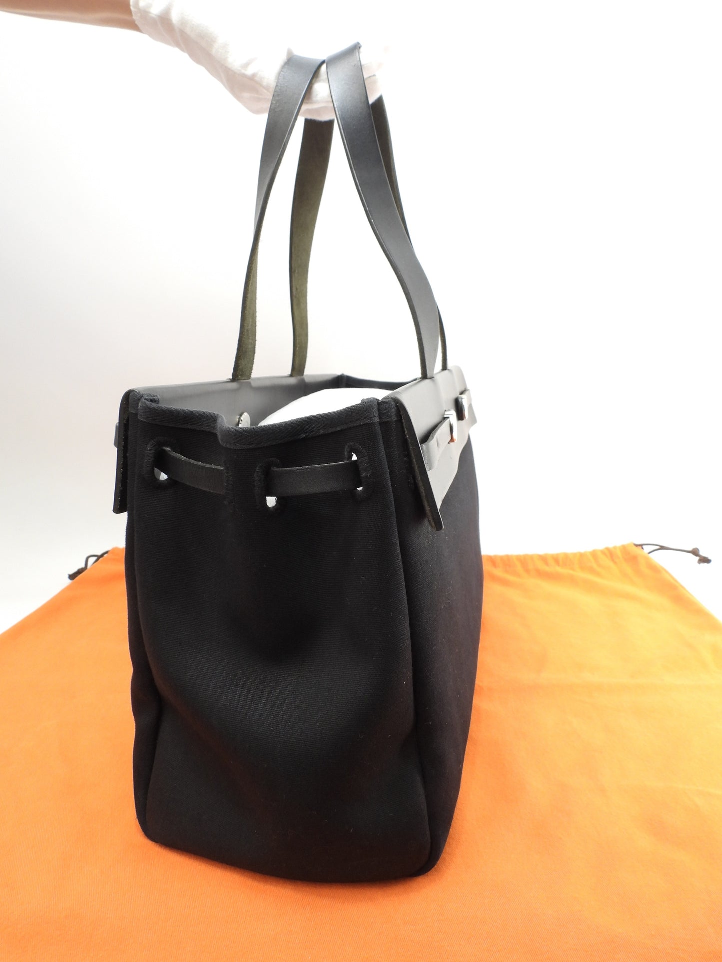 エルメス カバスMM エールバッグ コットン黒/黒革 トートバッグ 美品@□F