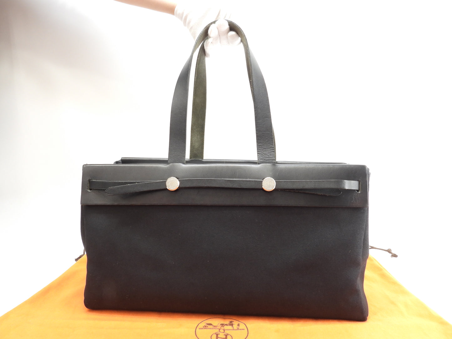 エルメス カバスMM エールバッグ コットン黒/黒革 トートバッグ 美品@□F