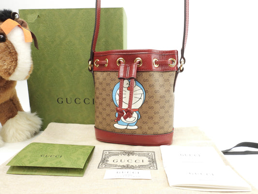 グッチ 巾着ポシェット ドラえもん マイクロGG茶赤 クロスボディバッグ 極美品@ 14
